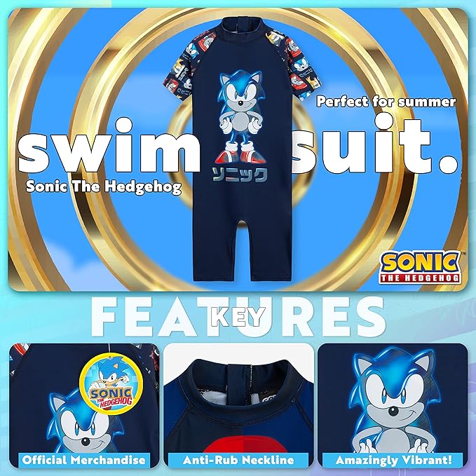 Sonic The Hedgehog Boys Swimming Costume Summer Holiday Essentials for Kids Childrens Swimwear 3-10 Years Short Sleeve Full Body Swimsuit with Zip Beach Pool (Navy, 7-8 Years)