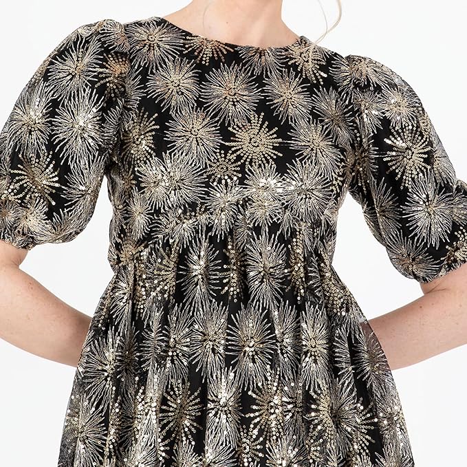 Lovedrobe Women's Midi Dress Ladies Short Puff Sleeve Mesh Star Sequin Embellished Round Neck A-line for Party Cocktail Evening, Gold, 16