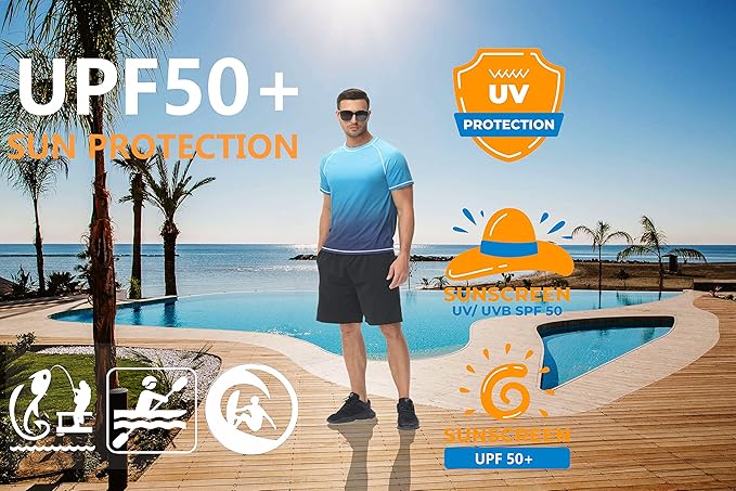 YuKaiChen Men's UPF 50+ Rash Guards Short Sleeve Swim Shirts Quick Drying Sun Protection Rash Vest Gradient Blue M