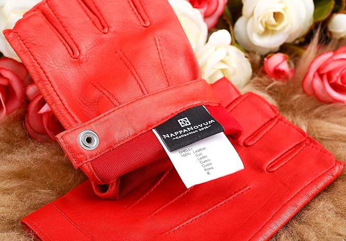 NappaNovum Women's Half Finger Leather With Silk Lining Performance Cycling Driving Gloves (S, Bright Red)