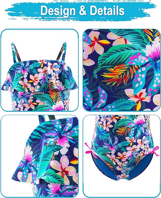 IKALI Girls One Piece Swimwear, Floral Ruffle Tropical Swimsuit, Beach Bathing Suit for Toddler Hawaii, 8-9 Years, Blue