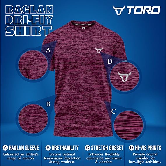 TORO ACTIVA Mens Workout Short Sleeve T-Shirts Athletic Fit Fast Drying Moisture Wicking Sports Style T-Shirts, Maroon, XL