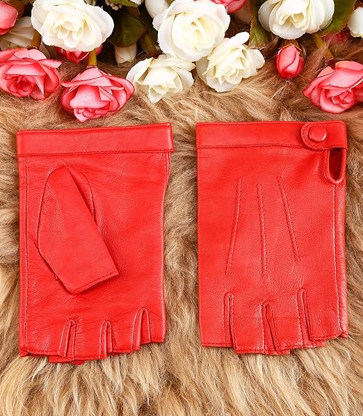 NappaNovum Women's Half Finger Leather With Silk Lining Performance Cycling Driving Gloves (S, Bright Red)
