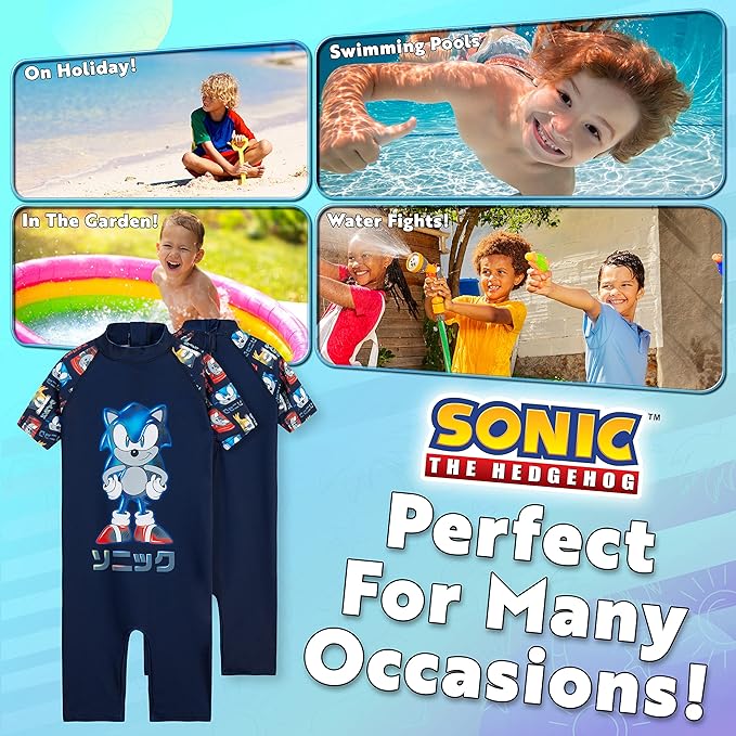 Sonic The Hedgehog Boys Swimming Costume Summer Holiday Essentials for Kids Childrens Swimwear 3-10 Years Short Sleeve Full Body Swimsuit with Zip Beach Pool (Navy, 7-8 Years)