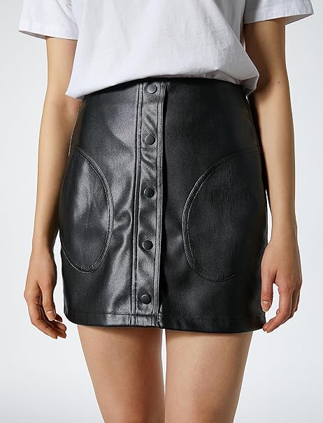 Koton Women's Snap Button Detail Pocket Faux Leather Mini Skirt