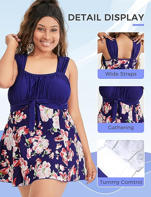 Wantdo Women's One-Piece Swim Dresses Plus Size Skirtini Tummy Control Swimsuits Summer Swimming Costume with Skirt A20(Sapphire Floral) 16-18