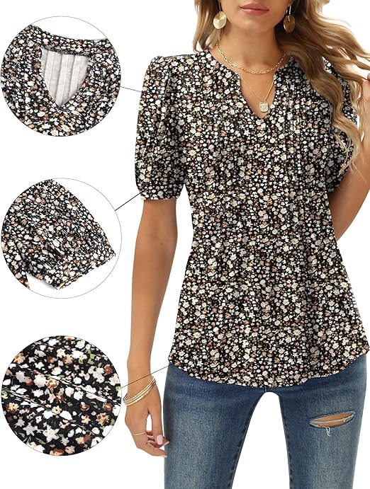 EFFAN Ladies Summer Tops Womens Casual T Shirts V Neck Elegant Floaty Floral Printed Tunic Blouse Floral Black L (UK 16-18)