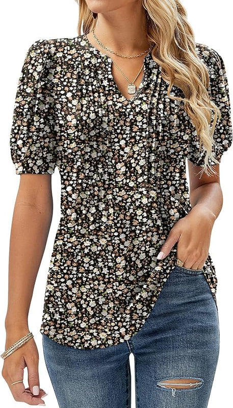 EFFAN Ladies Summer Tops Womens Casual T Shirts V Neck Elegant Floaty Floral Printed Tunic Blouse Floral Black L (UK 16-18)