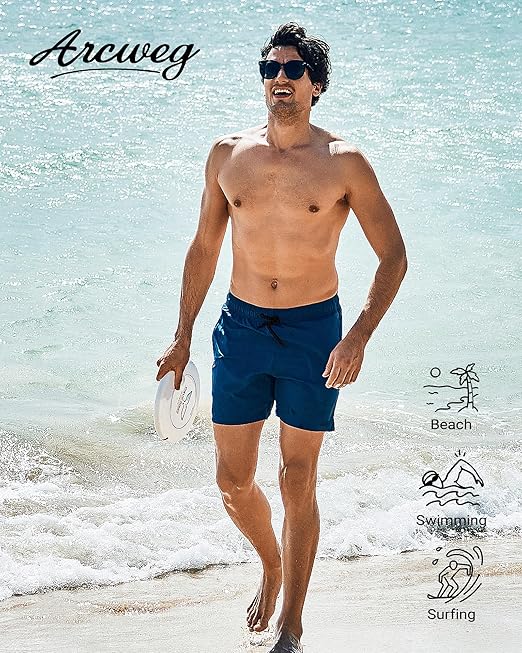 Arcweg Men's Swim Trunks Mens Swimming Shorts with Compression Liner Quick Dry Stretchy 2 in 1 Board Shorts with Zipper Pockets Khaki L(UK)