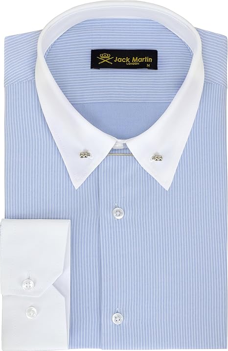 Jack Martin London Blue Striped Pin Collar Formal Shirts for Adult Men | Mens Long Sleeve Dress Shirt with Collar Bar (Blue,M)
