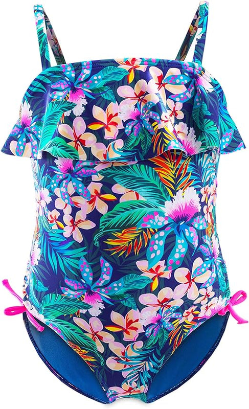 IKALI Girls One Piece Swimwear, Floral Ruffle Tropical Swimsuit, Beach Bathing Suit for Toddler Hawaii, 8-9 Years, Blue