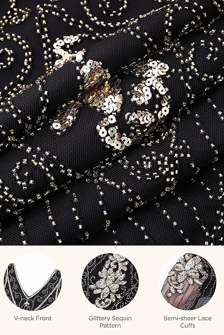 BABEYOND 1920s Flapper Fringed Sequin Dress Roaring 20s Fancy Dress Gatsby Costume Dress V Neck Vintage Beaded Evening Dress (BlackGold, 3XL)