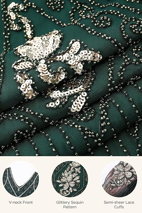 BABEYOND 1920s Flapper Fringed Sequin Dress Roaring 20s Fancy Dress Gatsby Costume Dress V Neck Vintage Beaded Evening Dress (DarkGreen, S)