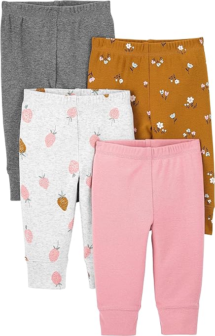 Simple Joys by Carter's Baby Girls' 4-Pack Pant, Brown Floral/Grey Heather/Light Grey Strawberry/Pink Heather, Premature (Pack of 4)