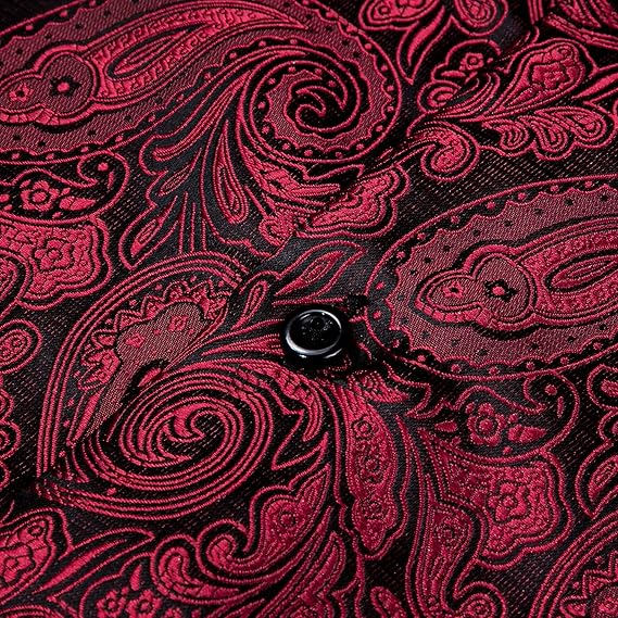Barry.Wang Men Dress Shirt Silk Luxury Paisley Floral Long Sleeve Big and Tall Wedding Party Casual Business Formal Shirts Red, 2XL