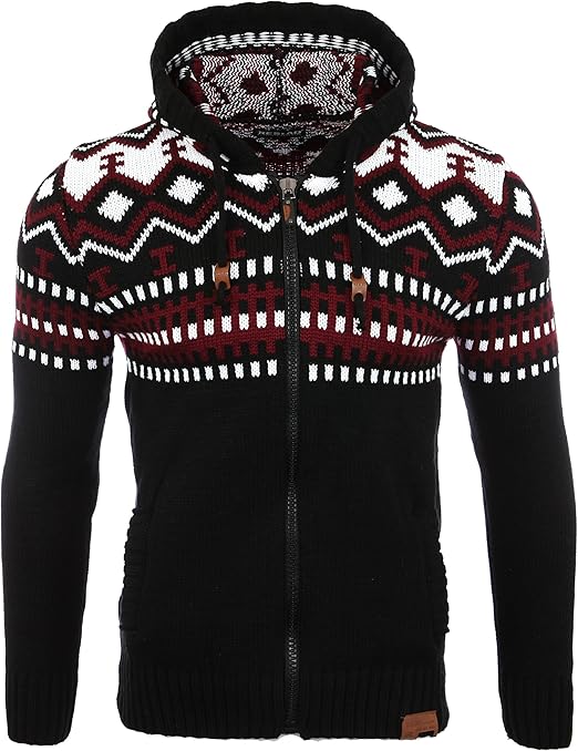 Reslad Men's Chunky-knit Norwegian Pullover, Winter Cardigan, Hoodie, RS-3104 - Black - Medium