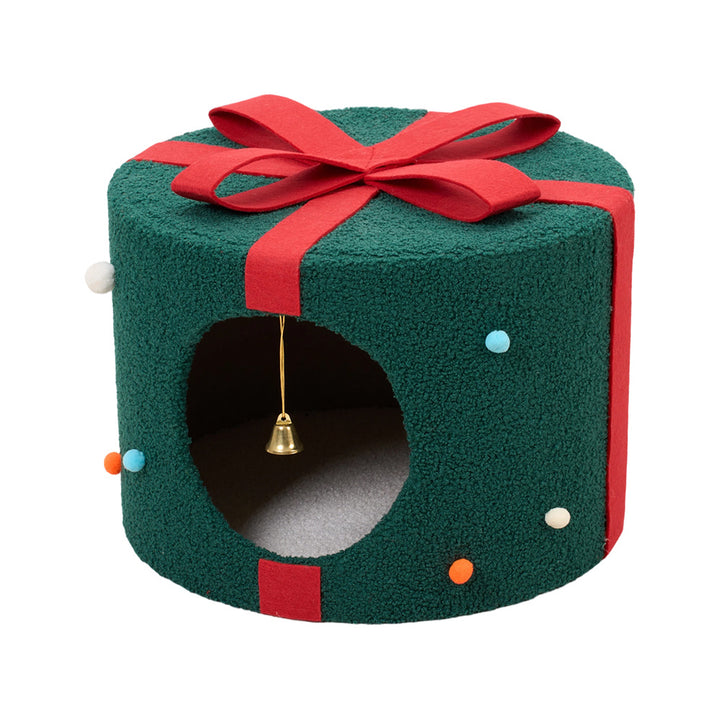 Christmas Cat Bed with Bells – Gift-Shaped Pet Cave for Cats & Small Dogs - 42x42x30cm