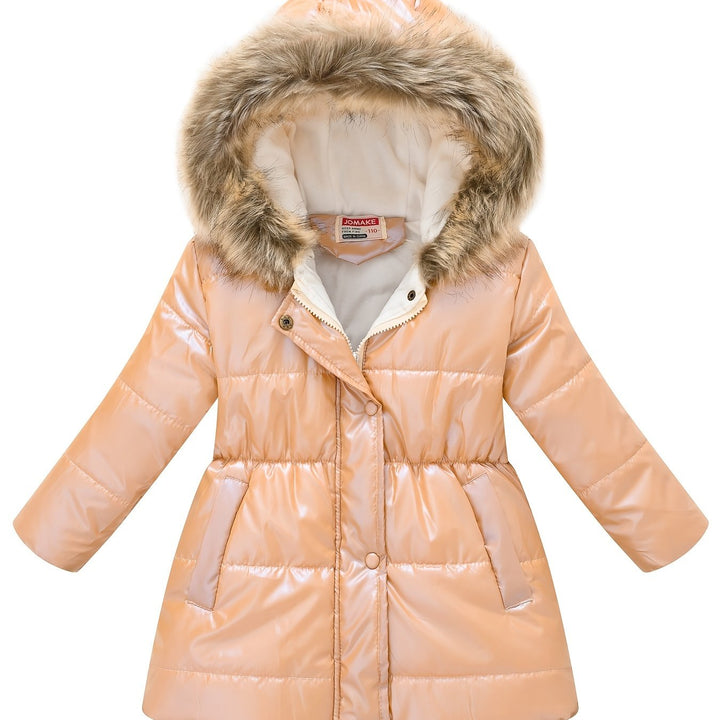 Boys & Girls Winter Jacket – Thick Glossy Hooded Mid-Length Coat