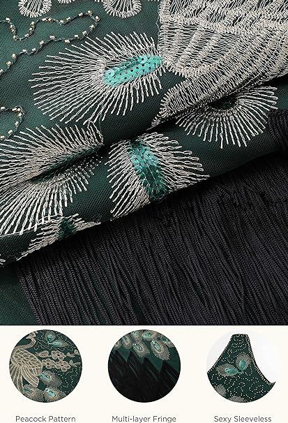 BABEYOND 1920s Vintage Peacock Sequined Dress Gatsby Fringed Flapper Dress Roaring 20s Party Dress, Dark Green with Black Fringe, 3X-Large