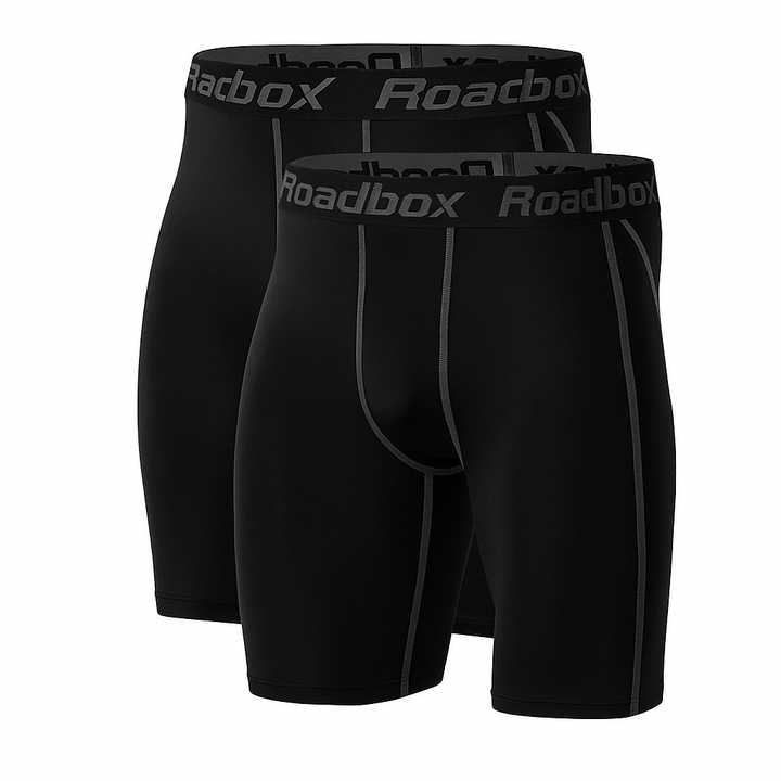 Roadbox Compression Shorts Mens 2 Pack with Pockets, Sports Underwear Quick-Dry Base Layer Shorts, for Running, Gym, Cycling, Rugby Black, XXL