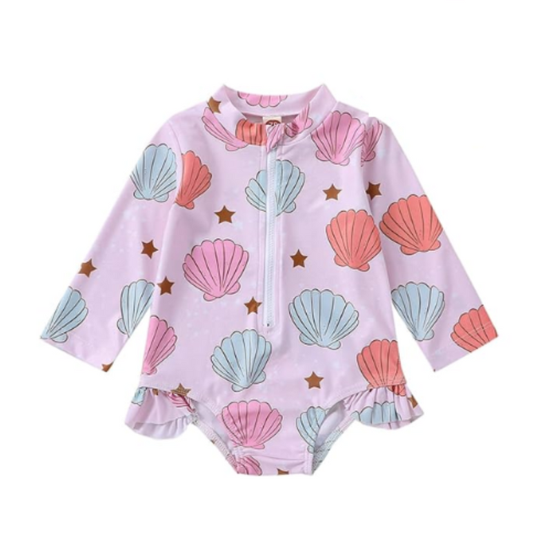 MoccyBabeLee Baby Girl Swimming Suit Swimsuit Long Sleeve One Piece Swimwear Zip Rash Guard Wetsuit Swimming Bathing Beachwear 6-12 Months