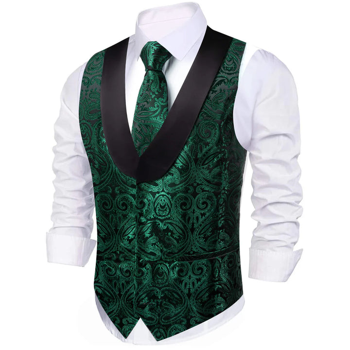 Barry.wang Shawl Collar Vest Dark Green Jacquard Woven Paisley Men's Silk Vest Tie Set Green/Black, XL