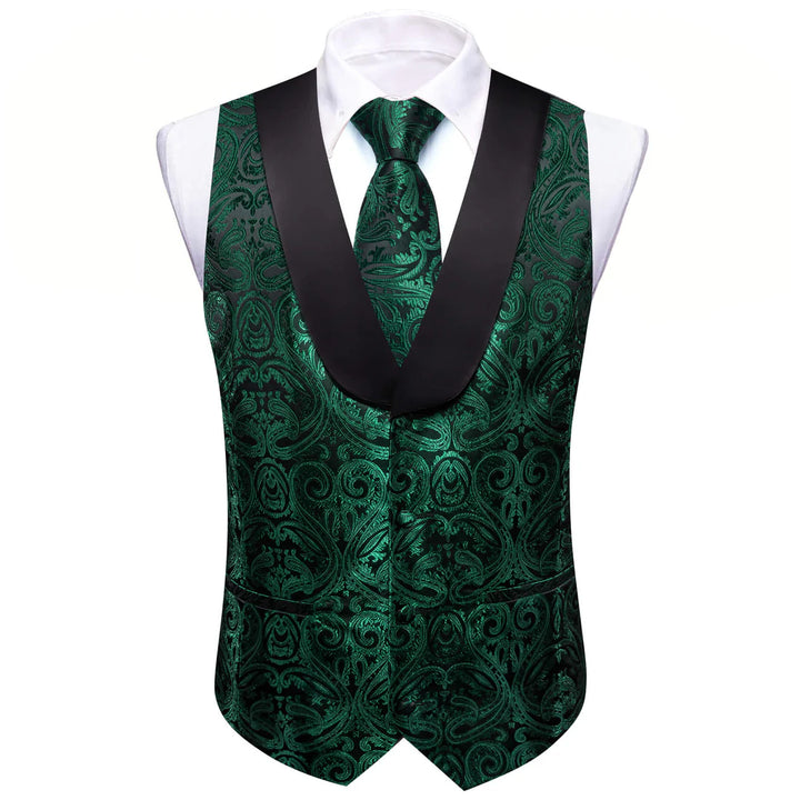 Barry.wang Shawl Collar Vest Dark Green Jacquard Woven Paisley Men's Silk Vest Tie Set Green/Black, XL
