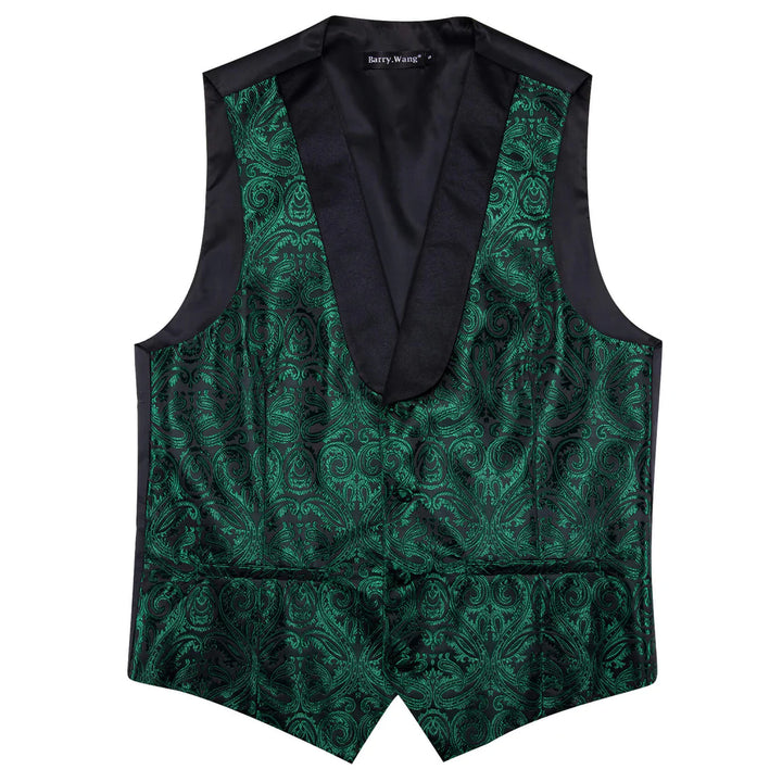 Barry.wang Shawl Collar Vest Dark Green Jacquard Woven Paisley Men's Silk Vest Tie Set Green/Black, XL