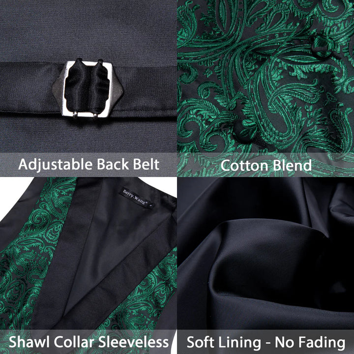 Barry.wang Shawl Collar Vest Dark Green Jacquard Woven Paisley Men's Silk Vest Tie Set Green/Black, XL
