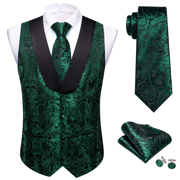 Barry.wang Shawl Collar Vest Dark Green Jacquard Woven Paisley Men's Silk Vest Tie Set Green/Black, XL