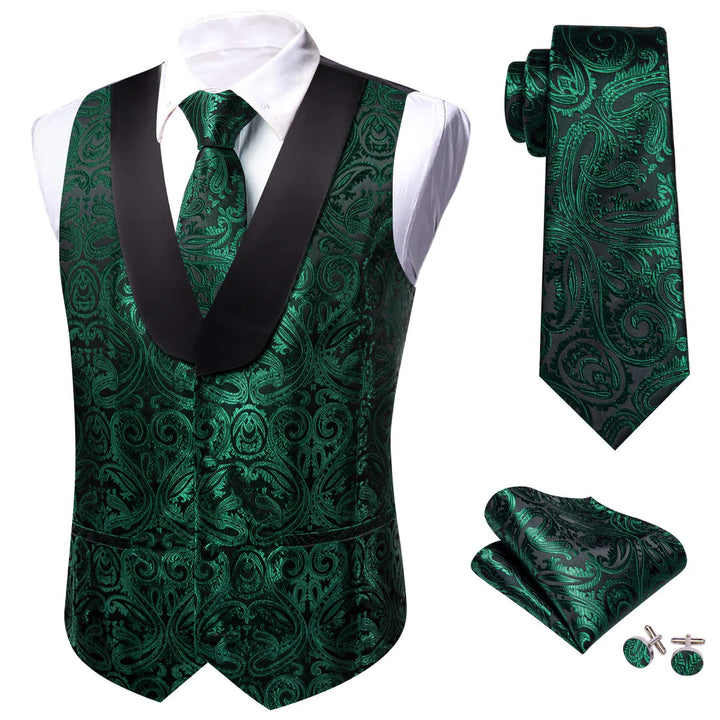 Barry.wang Shawl Collar Vest Dark Green Jacquard Woven Paisley Men's Silk Vest Tie Set Green/Black, XL