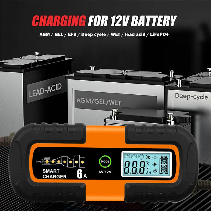 6V/12V Smart Car Battery Charger – Pulse Repair LCD Fast Charger for AGM, GEL, Lead-Acid & Lithium