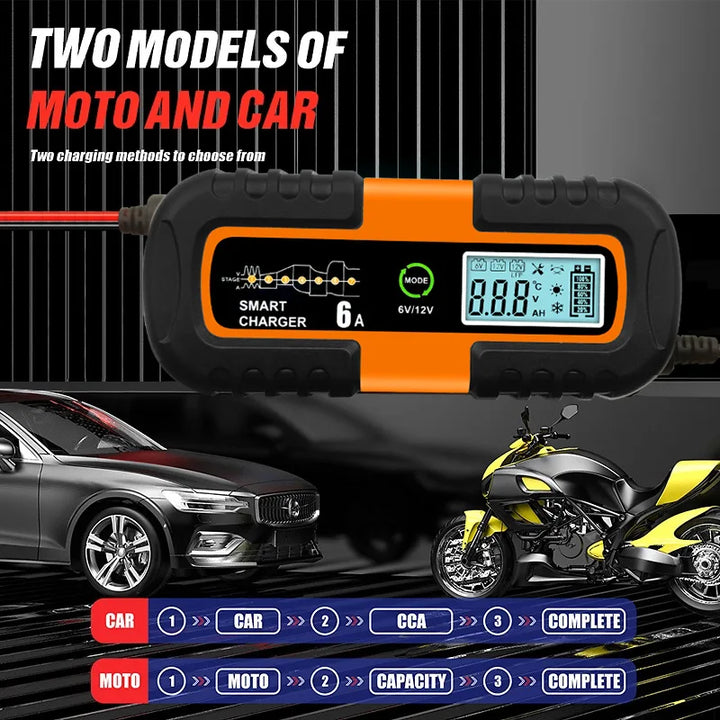 6V/12V Smart Car Battery Charger – Pulse Repair LCD Fast Charger for AGM, GEL, Lead-Acid & Lithium