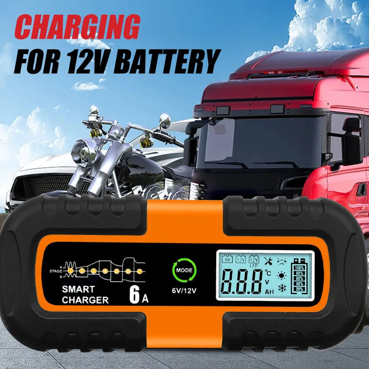 6V/12V Smart Car Battery Charger – Pulse Repair LCD Fast Charger for AGM, GEL, Lead-Acid & Lithium