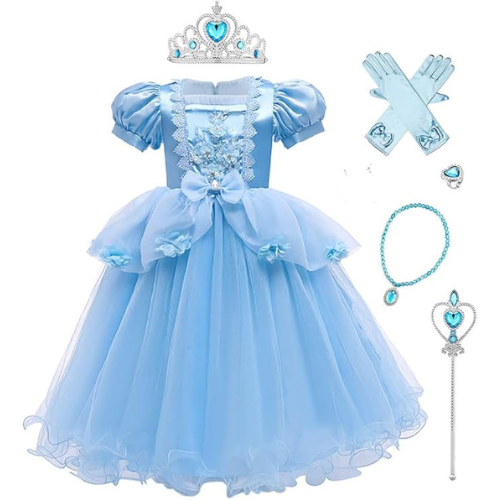 FYMNSI Kids Girl Cinderella Costume Fairy Tale Princess Fancy Dress Up Halloween Carnival Cosplay Birthday Party Short Sleeve Butterfly Tulle Tulle Maxi Prom Gown with Accessories 6-7 Years