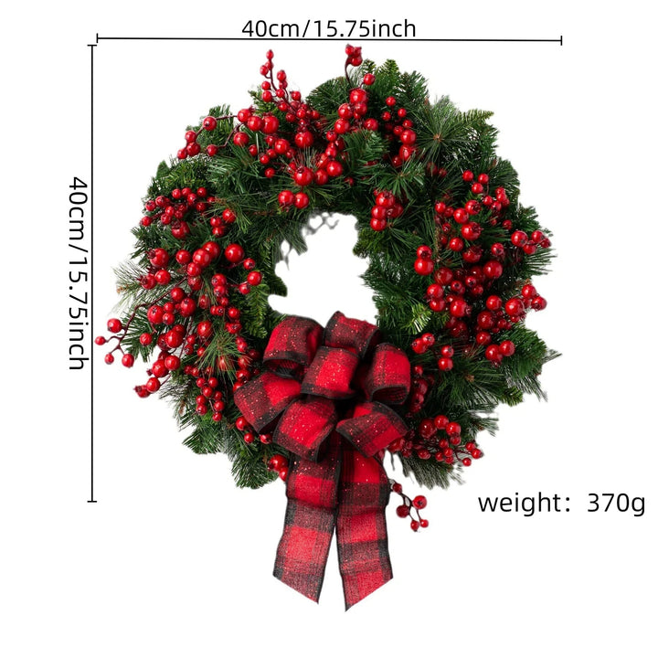 Large Red Berry Christmas Wreath – Burgundy Bow & Plaid Ribbon Door Decoration