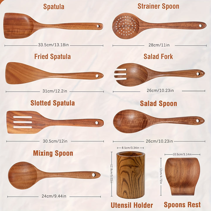 9Pcs Wooden Cooking Utensils Set – Heat Resistant Tools for Non-Stick Pans