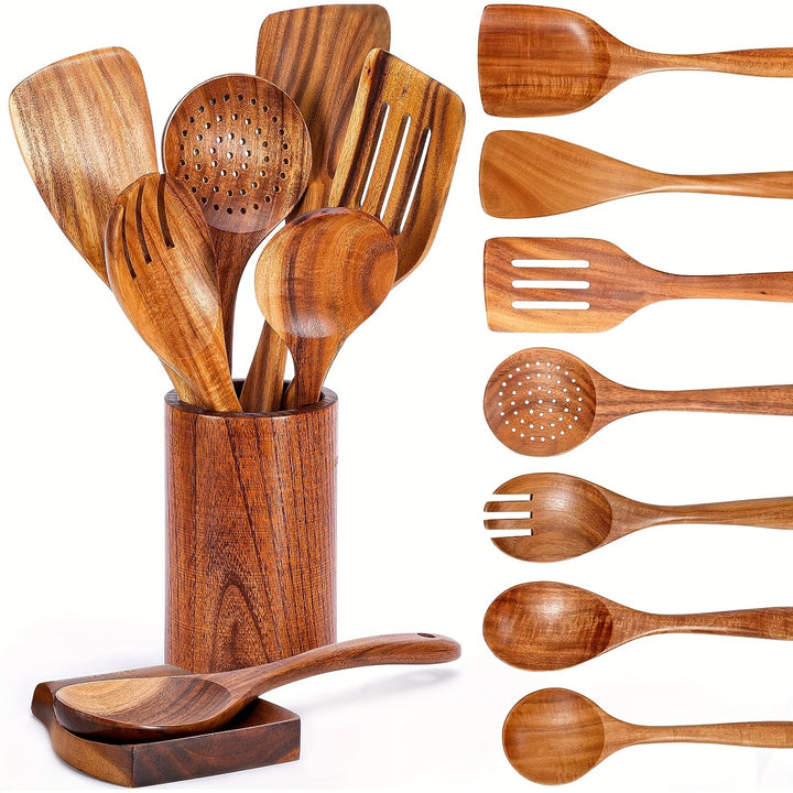 9Pcs Wooden Cooking Utensils Set – Heat Resistant Tools for Non-Stick Pans