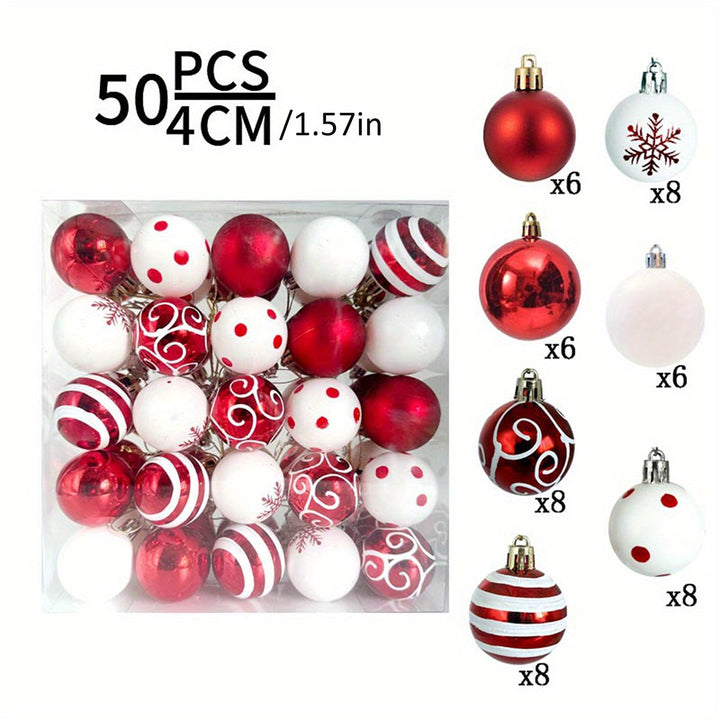 50Pcs Red & Striped Christmas Baubles – Shatterproof Tree Decorations