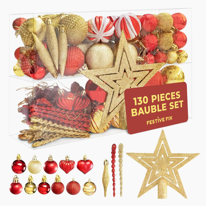 Festive Fix 130Pcs Christmas Baubles Set – Red & Gold Shatterproof Ornaments