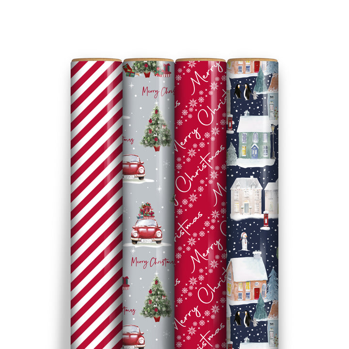 Pack of 4 Christmas Wrapping Paper Rolls – 7m Each, Festive Gift Wrap