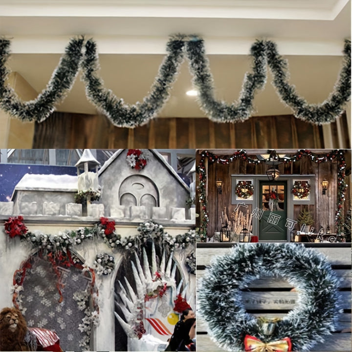 10m Artificial Pine Christmas Garland – Green & White Snowflake Tinsel