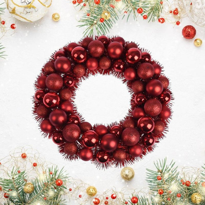 36cm Tinsel Christmas Wreath – 56 Red Baubles (Matte, Glitter & Chrome)