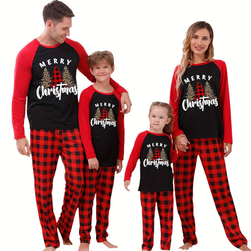 Matching Family Christmas Pyjamas – Tree Print Long Sleeve Top & Plaid Pants