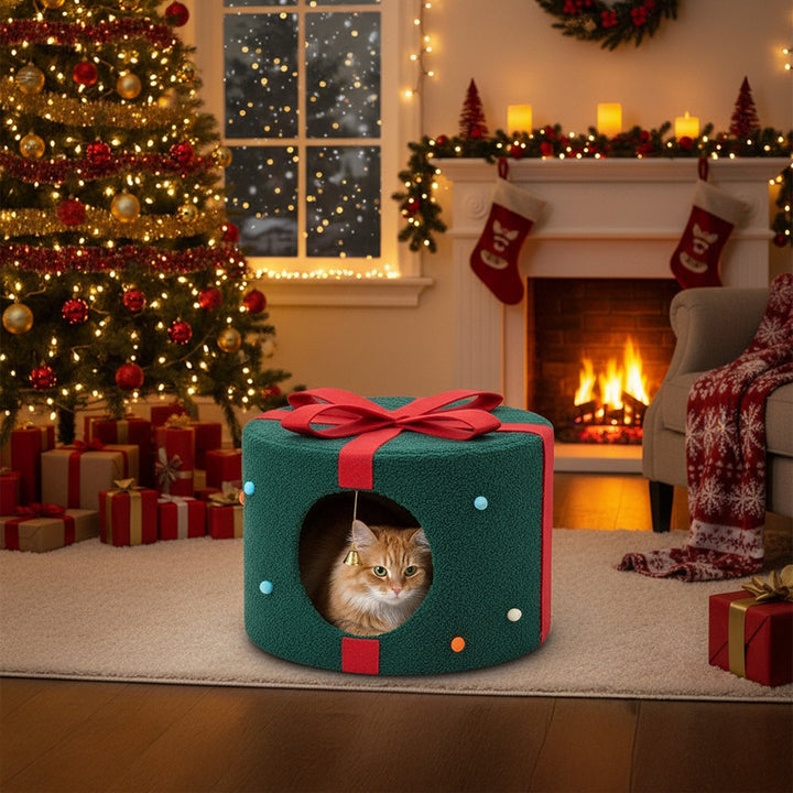 Christmas Cat Bed with Bells – Gift-Shaped Pet Cave for Cats & Small Dogs - 42x42x30cm