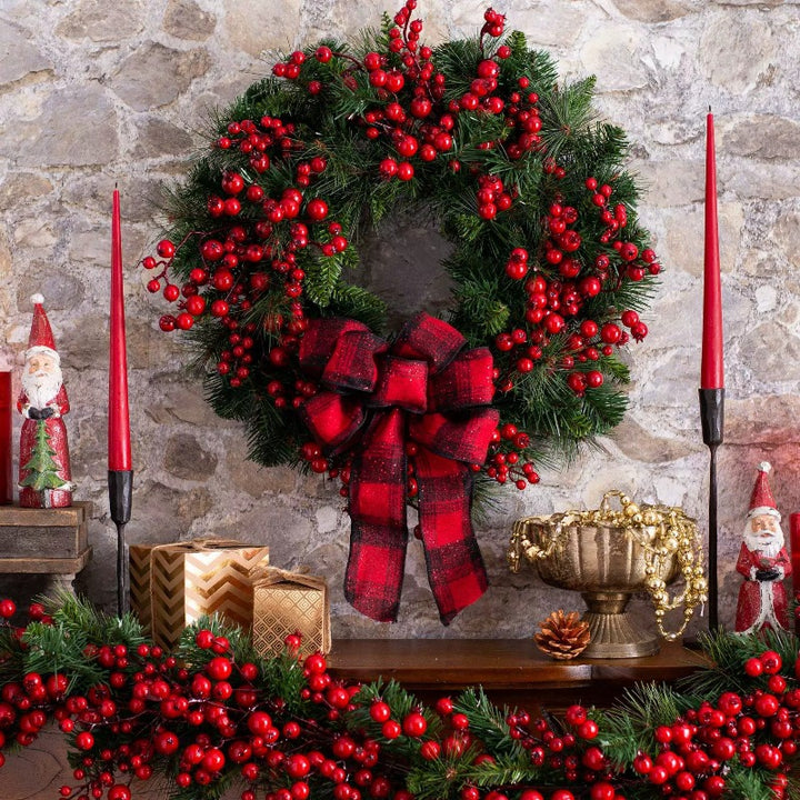 Large Red Berry Christmas Wreath – Burgundy Bow & Plaid Ribbon Door Decoration