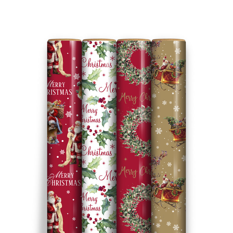 Pack of 4 Christmas Wrapping Paper Rolls – 7m Each, Festive Gift Wrap