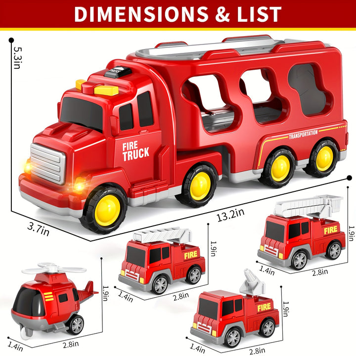5-in-1 Fire Truck & Car Carrier – Friction Action Toy with Lights & Sounds (Ages 3–6)