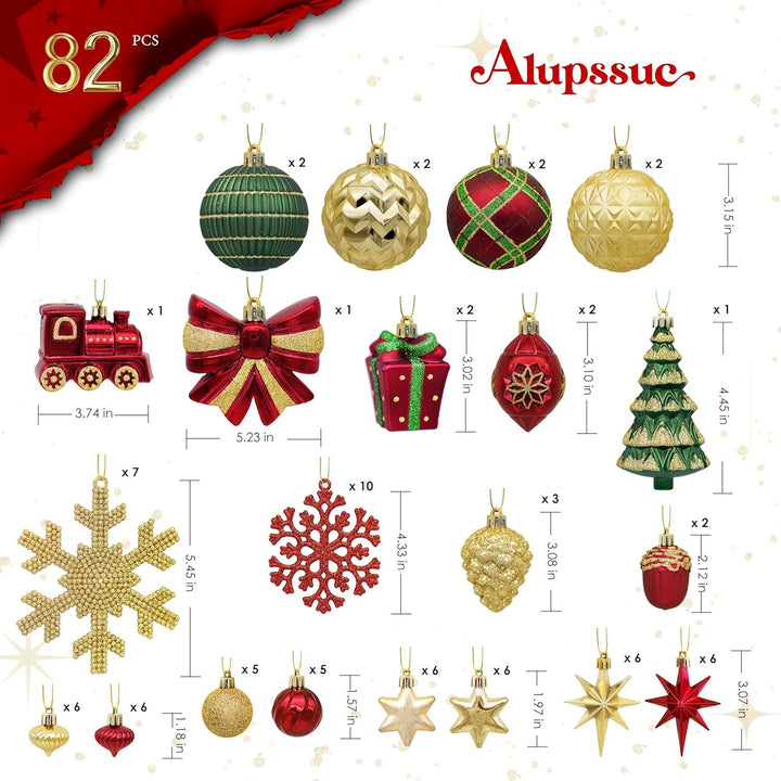 82Pcs Christmas Baubles Set – Shatterproof Tree Ornaments in Red, Gold, Green & White