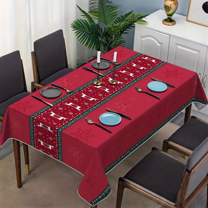 Burgundy Red & White Christmas Tablecloth – Snowflake Reindeer Rectangular Cover